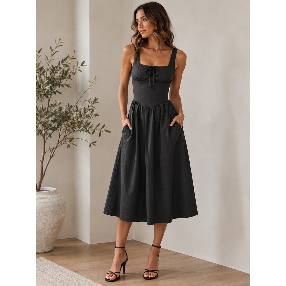 Commense Black Midi Dress Sleeveless Tie Front Pockets Casual Sundress Size XS